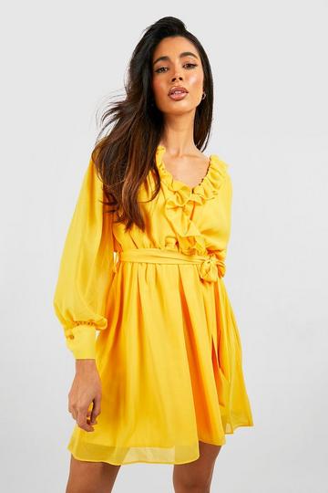 Frill Detail Belted Skater Dress yellow