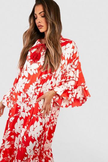 Floral Print Ruffle Detail Maxi Dress red