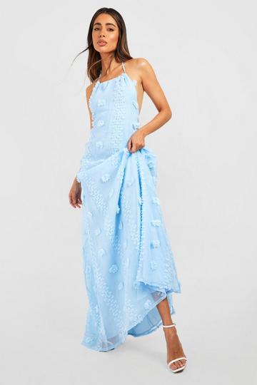 Blue Textured Dobby Mesh Halter Maxi Dress