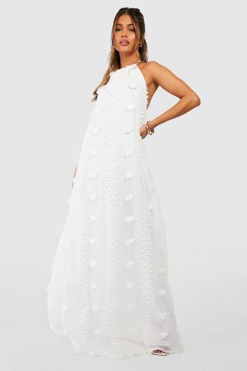 Ivory White Textured Dobby Mesh Halterneck Maxi Dress