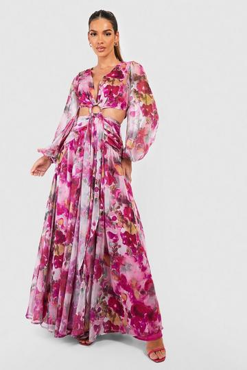 Pink Floral Print Chiffon Cut Out Maxi Dress