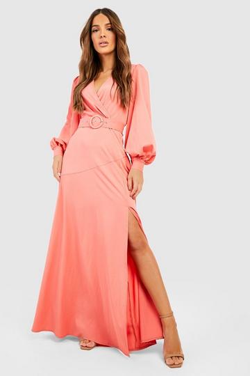 Plunge Belted Maxi Dress coral