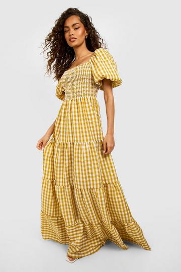 Mustard Yellow Gingham Puff Sleeve Shirred Maxi Dress