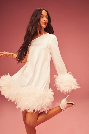 Premium Feather One Shoulder Satin Mini Dress white