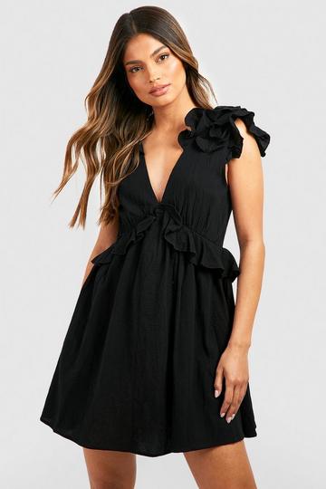 V Neck Ruffle Linen Skater Dress black