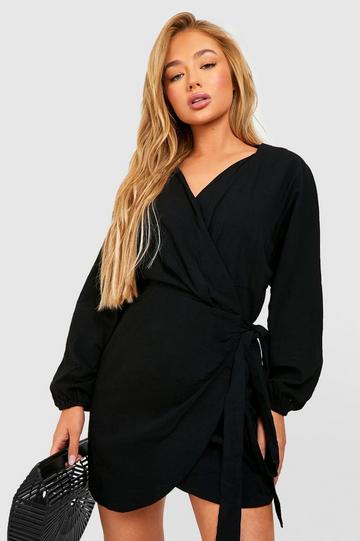 Tie Waist Plunge Linen Shirt Dress black