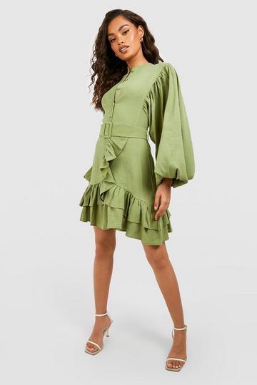 Olive Green Button Through Belted Skater Dress
