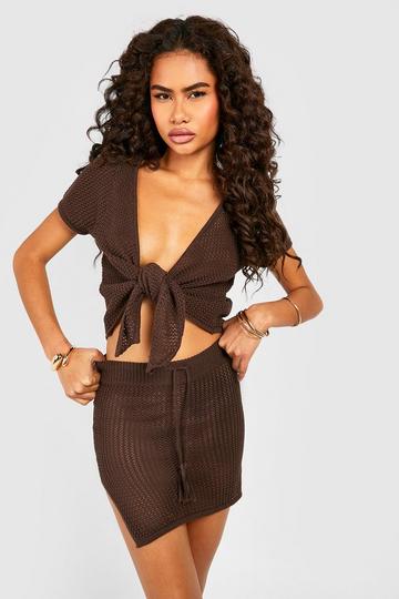 Crochet Tie Front Top And Mini Skirt Set chocolate