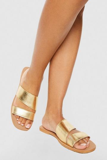 Gold Metallic Leather Double Strap Metallic Slip On Sandals