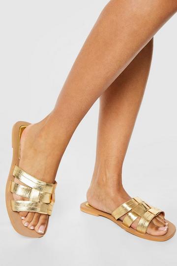 Gold Metallic Leather Wide Fit Metallic Woven Detail Slips On Sandals