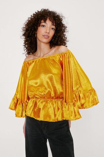 Gold Metallic Satin Ruffle Off The Shoulder Relaxed Blouse