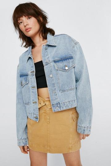Blue Pocket Front Cropped Denim Jacket