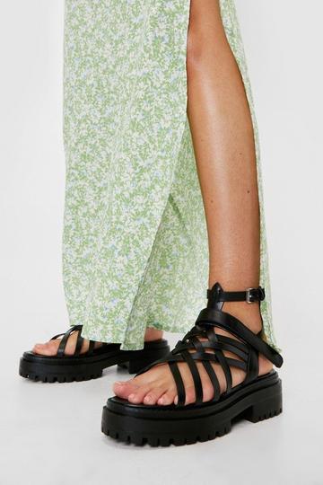 Black Faux Leather Strappy Platform Sandals