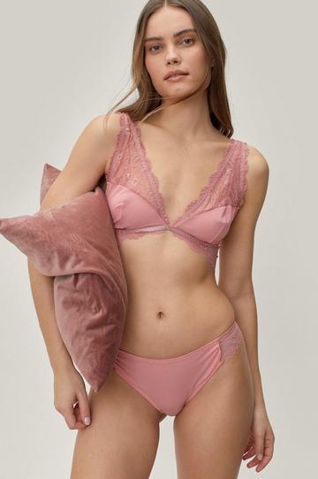 Lace Trim Mesh Plunging Bralette And High Leg Panty Set rose