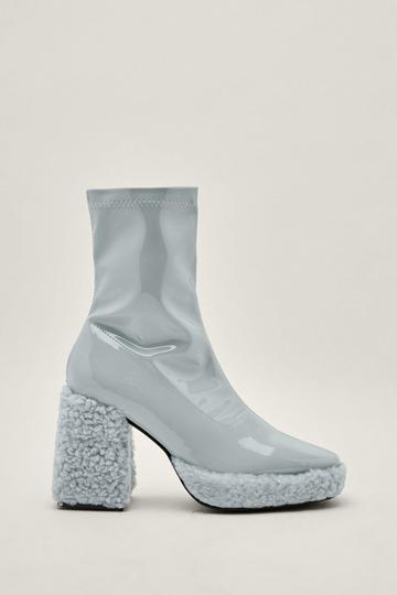 Blue Patent Faux Fur Platform Sock Boots