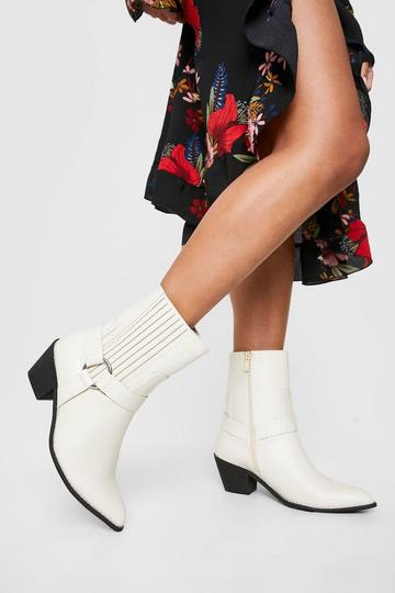 Wide Width Harness Detail Western Cowboy Ankle Boots stone