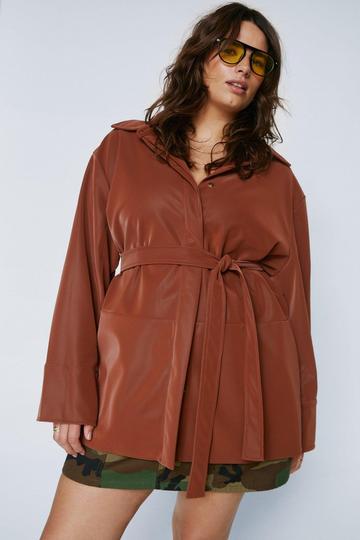 Brown Plus Size Faux Leather Belted Jacket