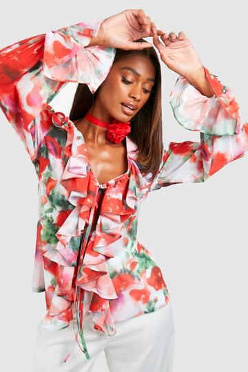 Floral Ruffle Tie Front Boho Top red
