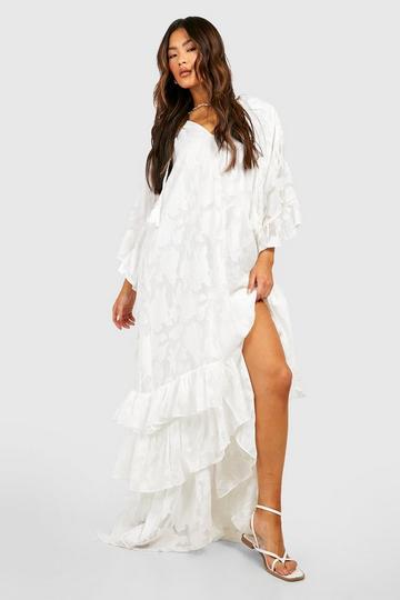 Cream White Textured Chiffon Ruffle Detail Maxi Dress
