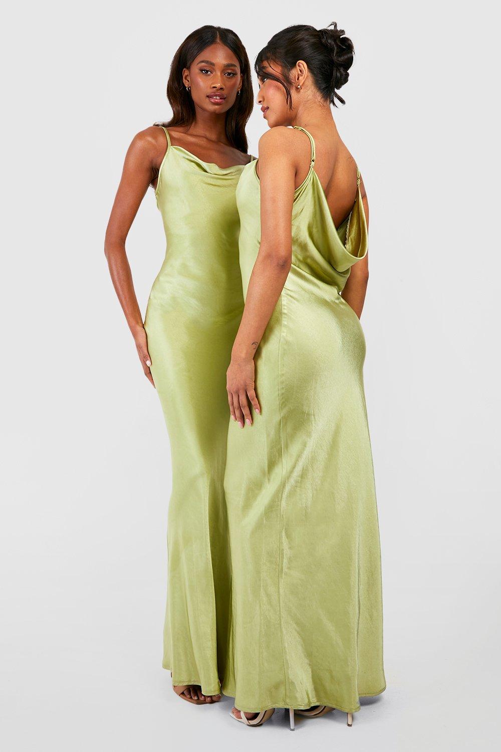 Vintage Olive Green Satin Wide Straps Slit Party Dress - Xdressy