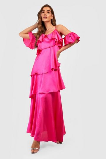 Satin Ruffle Tiered Maxi Dress hot pink