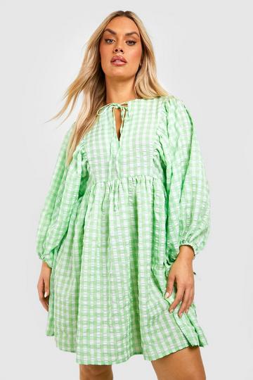Plus Gingham Textured Blouse Sleeve Smock Dress green