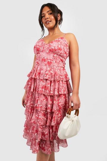 Plus Floral Chiffon Tiered Midi Dress pink