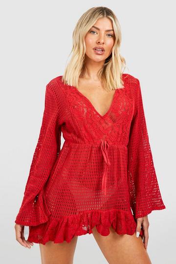 Lace Crochet Frill Hem Beach Dress red