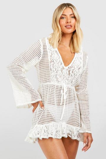 Lace Crochet Frill Hem Beach Dress white