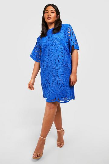 Plus Premium Crochet Lace Shift Dress cobalt