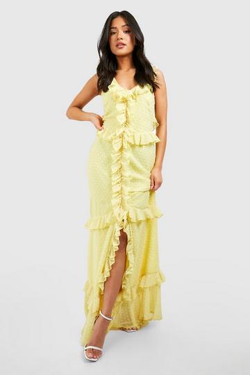 Lemon Yellow Petite Dobby Chiffon Ruffle Split Front Maxi Dress