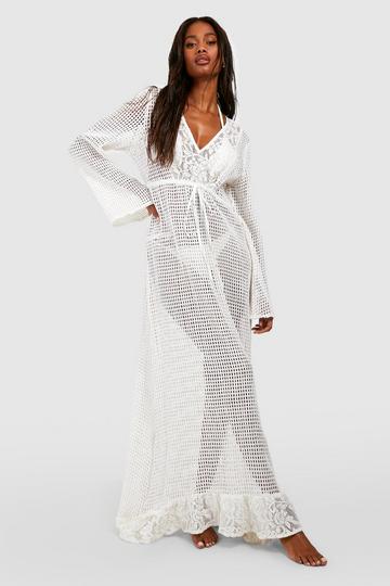 White Lace Crochet Frill Hem Maxi Beach Dress