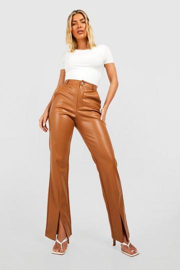 Faux Leather High Waisted Split Front Pants tan
