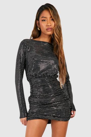 Sequin High Neck Rouched Midi Dress gold