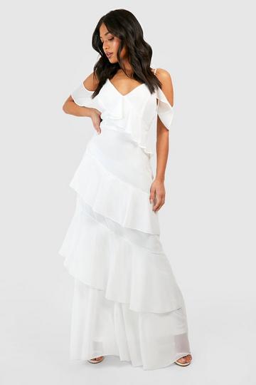 White Petite Asymmetric Chiffon Tiered Ruffle Maxi Dress