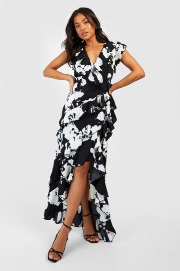 Black Petite Mono Floral Wrap Ruffle Maxi Dress