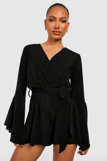 Flared Sleeve Tie Waist Playsuit black
