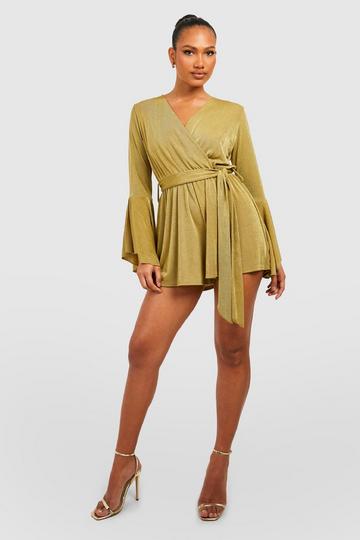 Green Flared Sleeve Tie Waist Playsuit