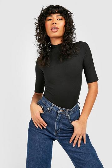 Ribbed Short Sleeve High Neck Bodysuit black