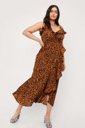 Plus Size Leopard Sleeveless Ruffle Maxi Dress brown