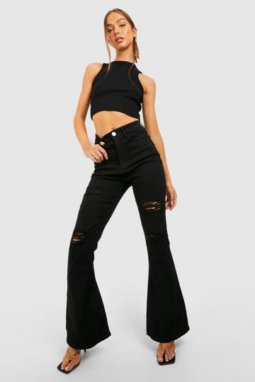 High Waisted Distressed Flared Jeans black