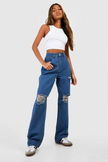 High Waisted Ripped Knee Straight Fit Jeans mid wash