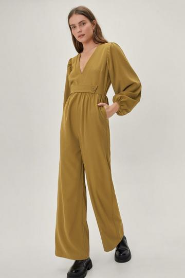Green Belted Detail Puff Sleeve Flared Jumpsuit