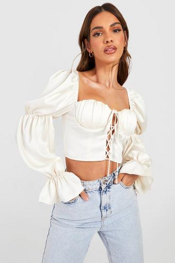 Textured Satin Lace Up Detail Puff Sleeve Corset Top champagne