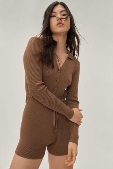 Knitted Ribbed Drawstring Waist Collared Playsuit brown