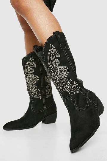 Wide Width Contrast Embroidered Casual Cowboy Boots black