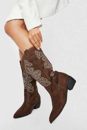 Wide Fit Contrast Embroidered Casual Cowboy Western Boots chocolate