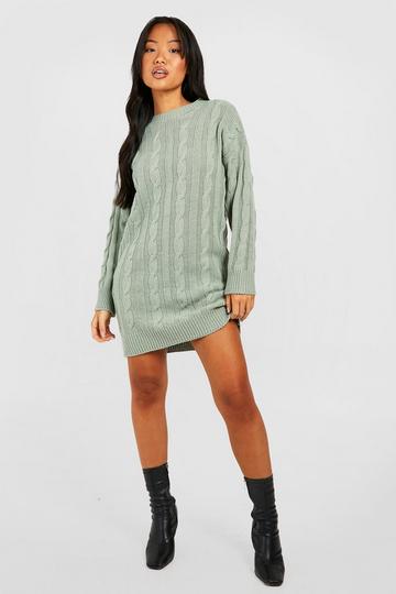Olive Green Petite Round Neck Cable Knit Jumper Dress