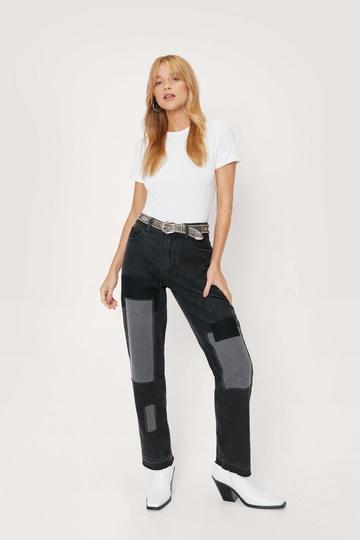Petite Organic Denim Patchwork Straight Leg Jeans washed black