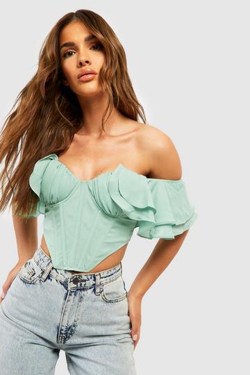 Ruffle Sleeve Off The Shoulder Structred Corset Top sage